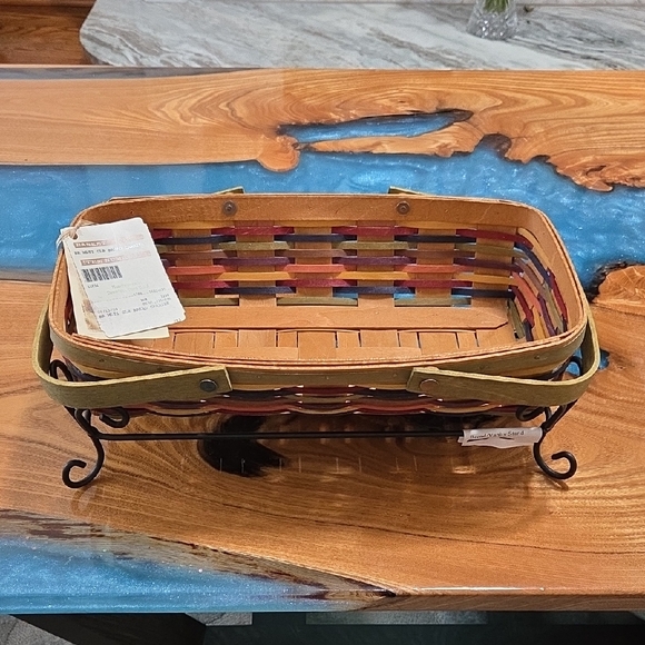 Longaberger Multicolor Bread Carrier Woven Basket with Metal Stand